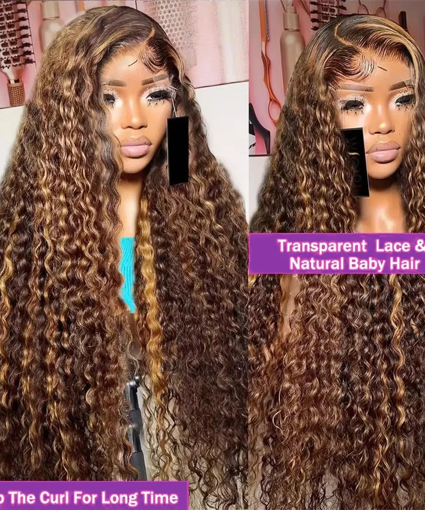 4/ 27 Highlight Honey Brown Curly Transparent HD 13x4 Lace Frontal Real Human Hair Wigs Ombre Color Deep Water Wave Full Wigs