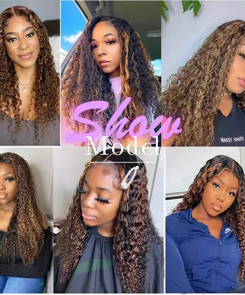 4/ 27 Highlight Honey Brown Curly Transparent HD 13x4 Lace Frontal Real Human Hair Wigs Ombre Color Deep Water Wave Full Wigs