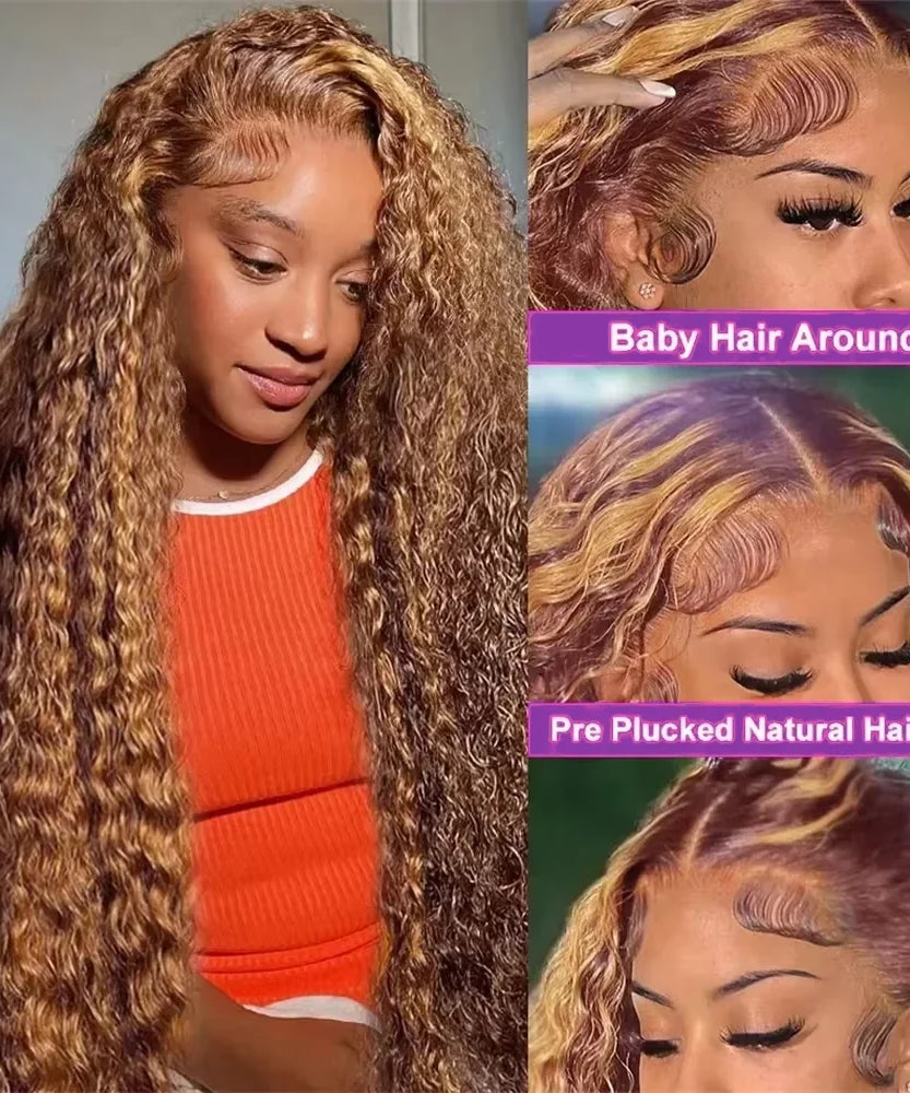 4/ 27 Highlight Honey Brown Curly Transparent HD 13x4 Lace Frontal Real Human Hair Wigs Ombre Color Deep Water Wave Full Wigs