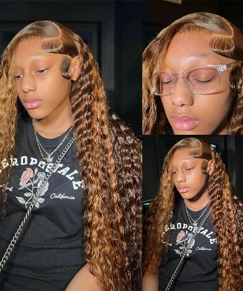 4/ 27 Highlight Honey Brown Curly Transparent HD 13x4 Lace Frontal Real Human Hair Wigs Ombre Color Deep Water Wave Full Wigs