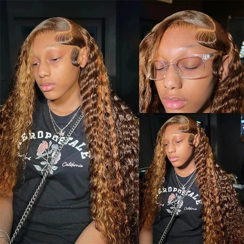 4/ 27 Highlight Honey Brown Curly Transparent HD 13x4 Lace Frontal Real Human Hair Wigs Ombre Color Deep Water Wave Full Wigs