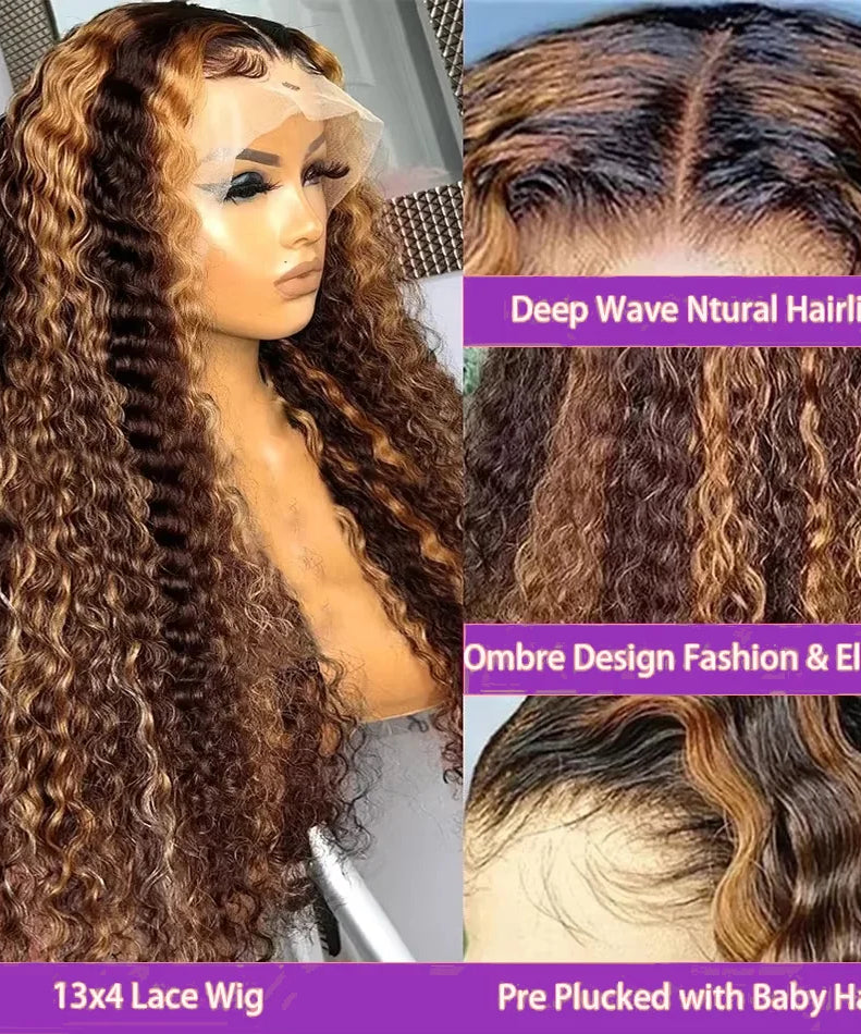 4/ 27 Highlight Honey Brown Curly Transparent HD 13x4 Lace Frontal Real Human Hair Wigs Ombre Color Deep Water Wave Full Wigs