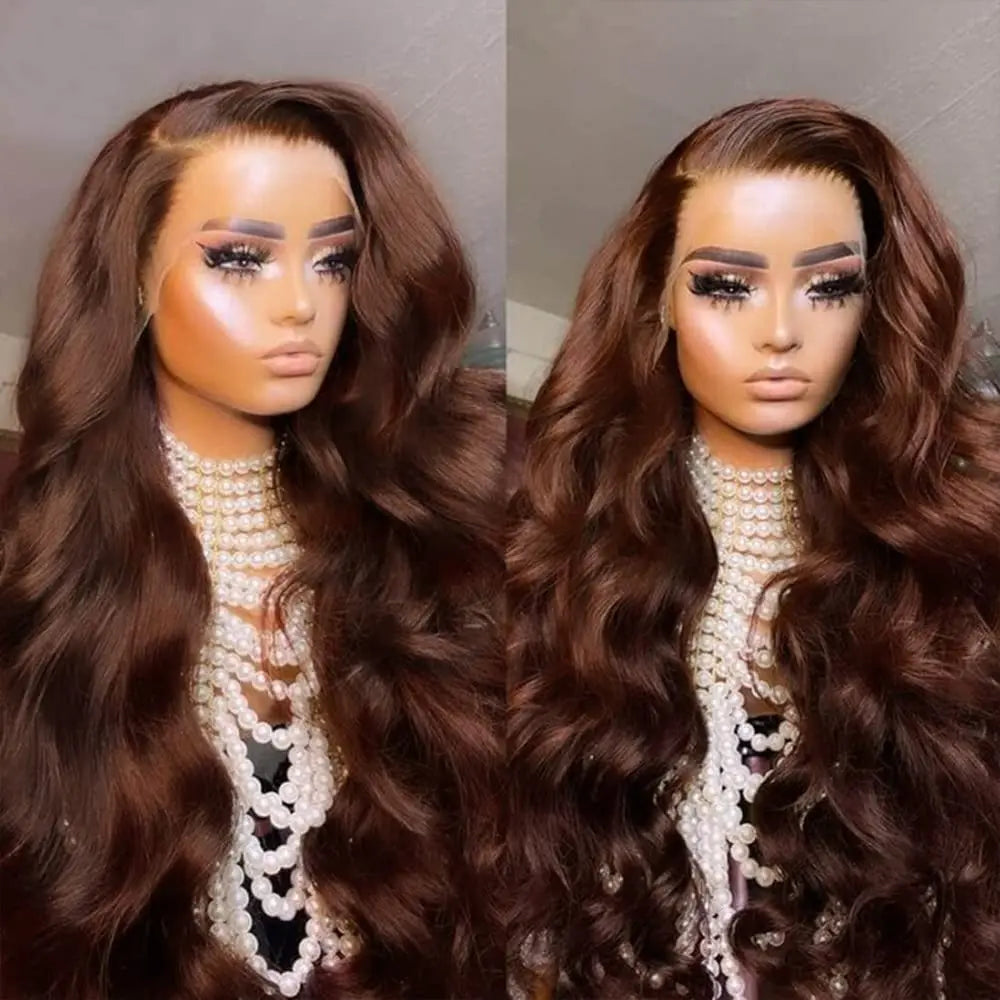 26 Inch Chocolate Brown Lace Front Wig Human Hair 200% Body Wave Human Hair Wigs Pre Plucked 13x4 HD Lace Frontal Wig Brown Wig