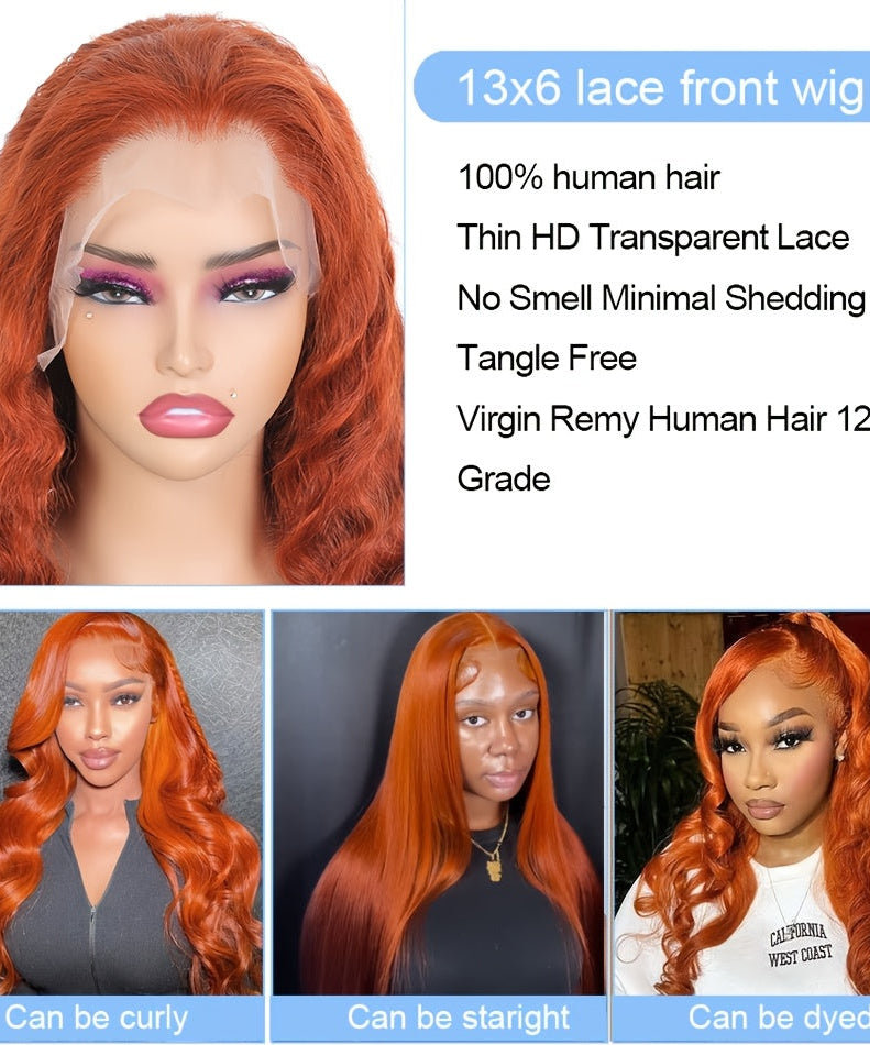 Deep Wave Ginger Orange Lace Front Wig Human Hair 13x6 HD Lace Front with Baby Hair 250% Density Long Curly Wig for Black Women