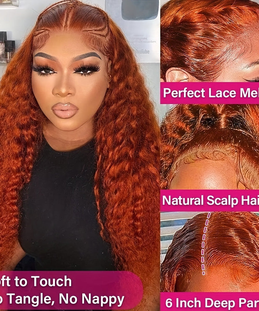 Deep Wave Ginger Orange Lace Front Wig Human Hair 13x6 HD Lace Front with Baby Hair 250% Density Long Curly Wig for Black Women