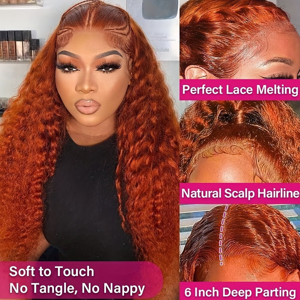 Deep Wave Ginger Orange Lace Front Wig Human Hair 13x6 HD Lace Front with Baby Hair 250% Density Long Curly Wig for Black Women